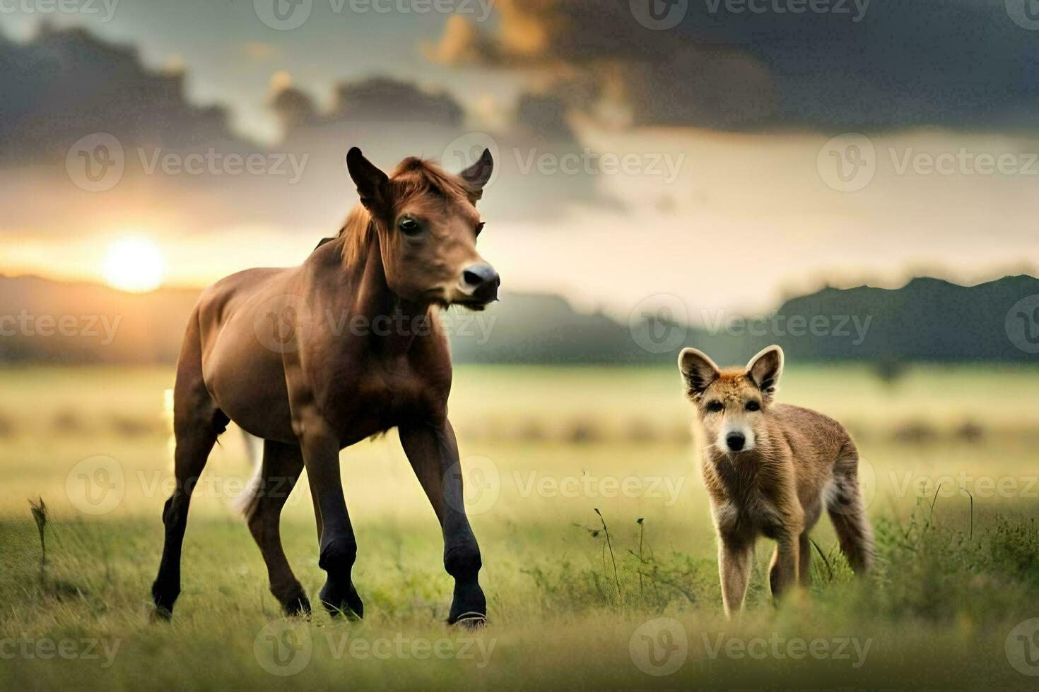 een paard en een hond zijn wandelen in een veld. ai-gegenereerd foto