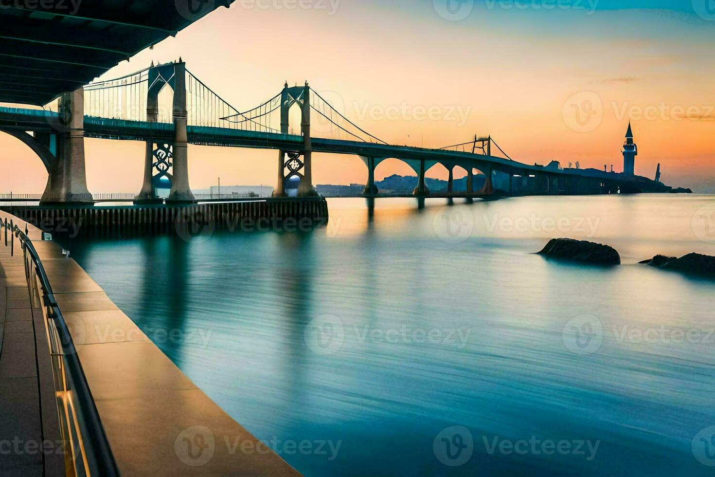 een brug overspannende de water Bij zonsondergang. ai-gegenereerd foto