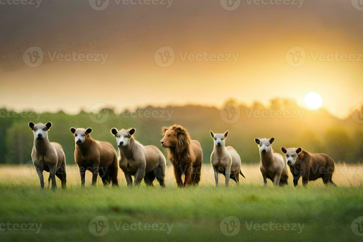 een leeuw en een kudde van schapen in een veld. ai-gegenereerd foto