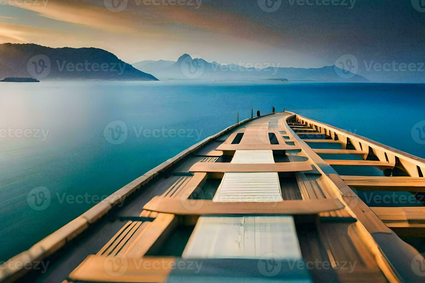 een lang houten pier in de oceaan Bij zonsondergang. ai-gegenereerd foto