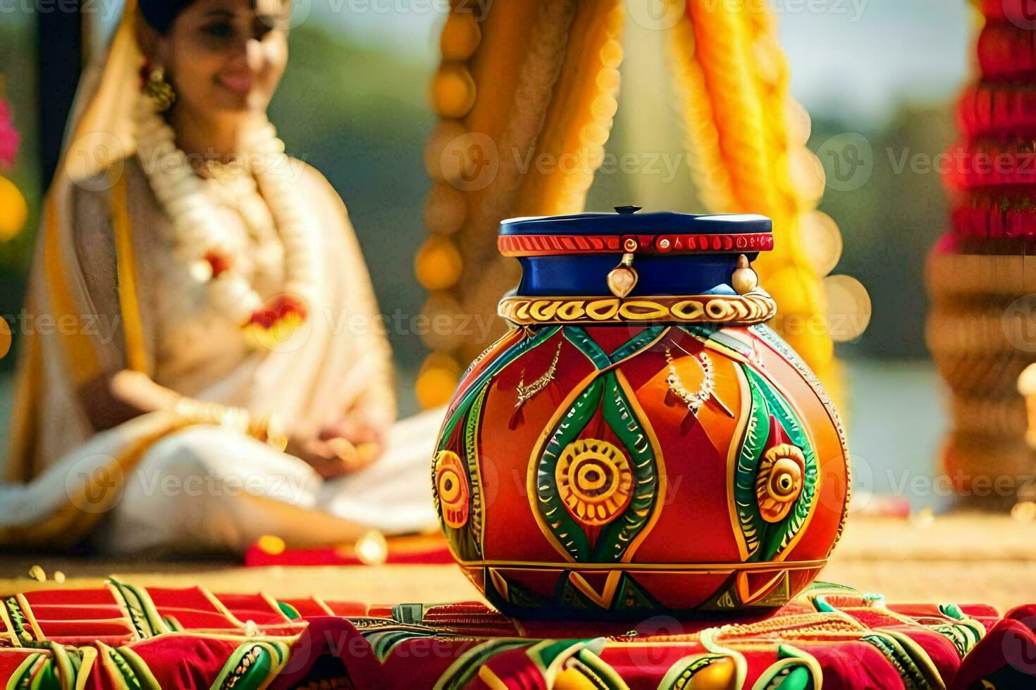 een vrouw in traditioneel Indisch kleding zit Aan een rood pot. ai-gegenereerd foto