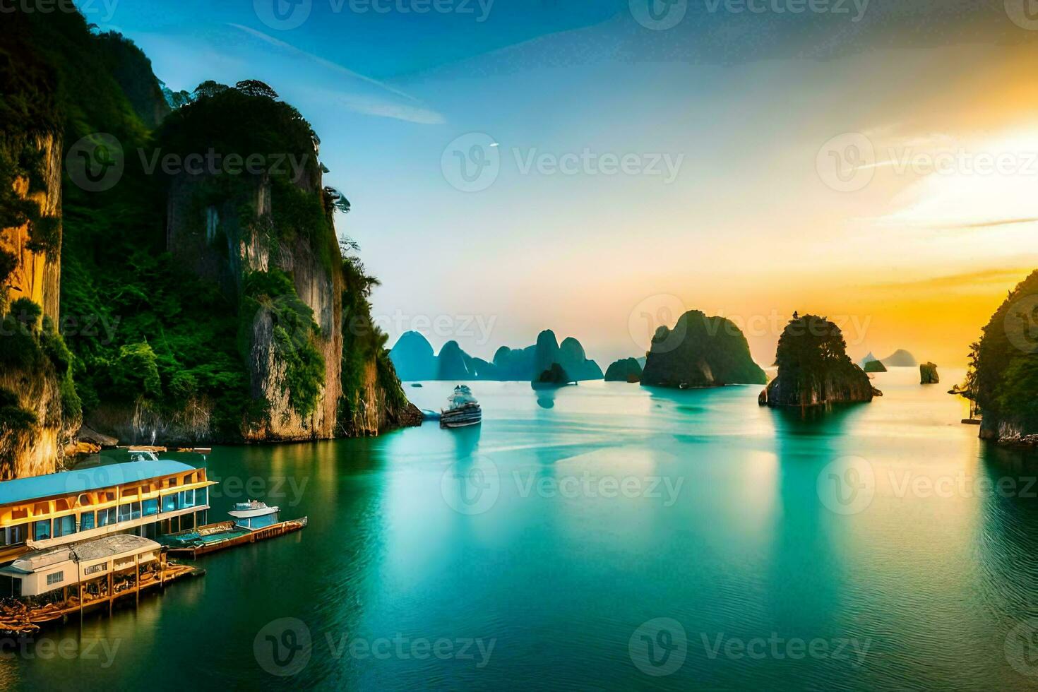 de zonsondergang over- Halong baai, Vietnam. ai-gegenereerd foto