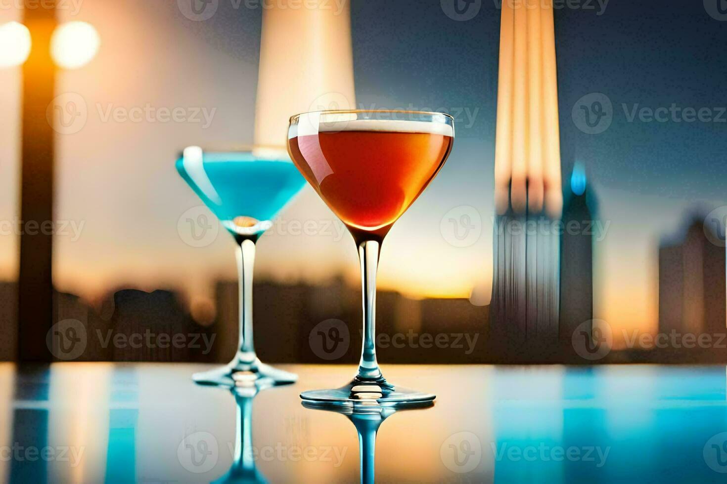 twee bril van cocktails Aan een tafel in voorkant van een stad horizon. ai-gegenereerd foto