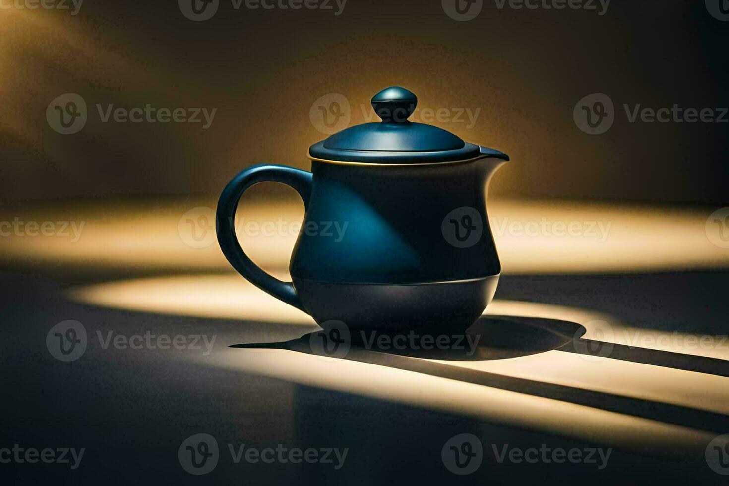 een blauw theepot Aan een donker tafel. ai-gegenereerd foto