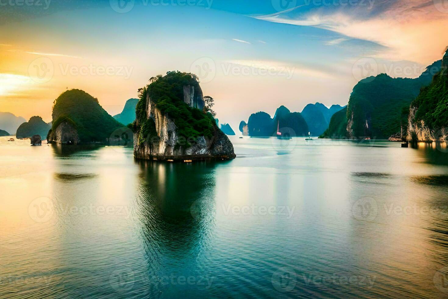 de zon sets over- de water in Halong baai, Vietnam. ai-gegenereerd foto