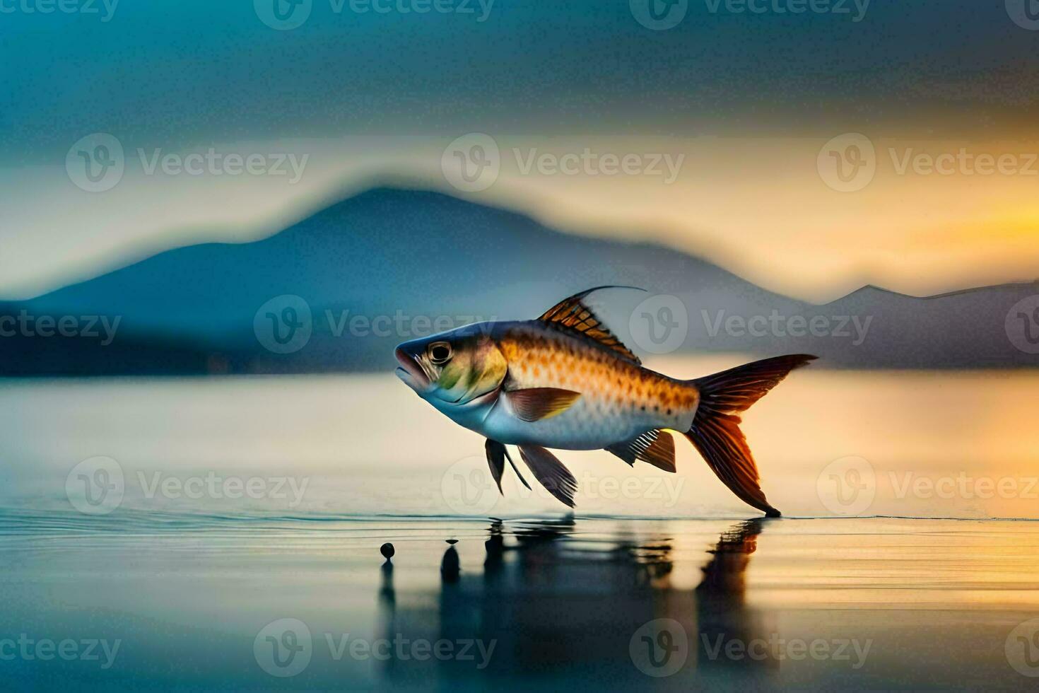 een vis is jumping uit van de water Bij zonsondergang. ai-gegenereerd foto