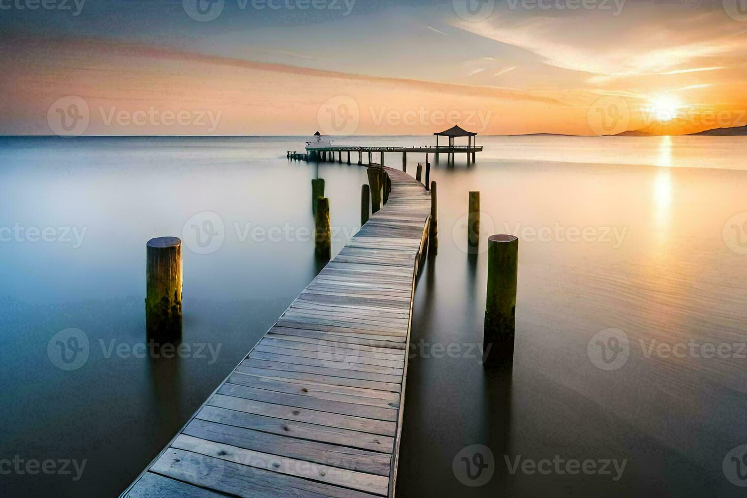 een lang blootstelling fotograaf van een pier in de oceaan. ai-gegenereerd foto