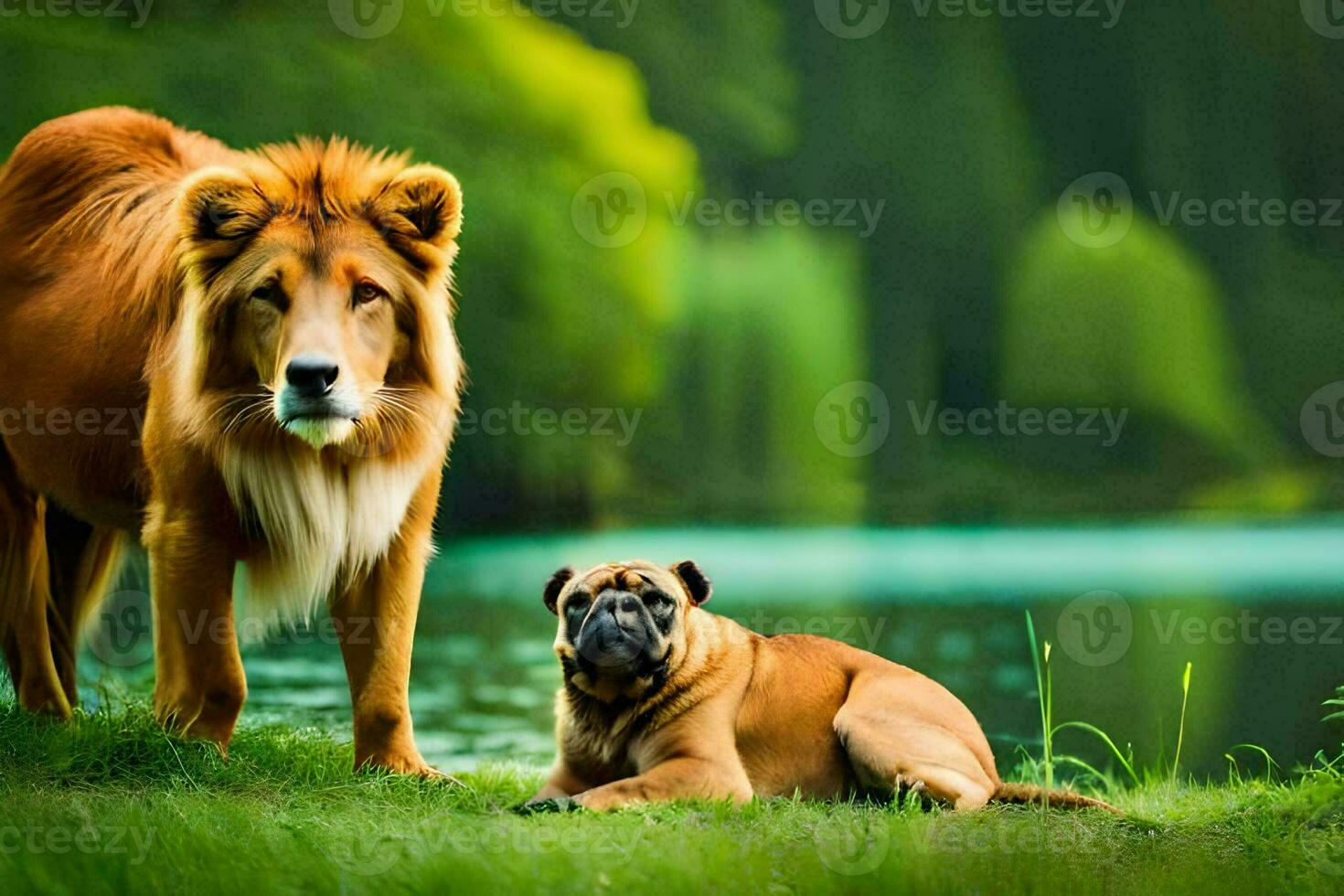 een leeuw en een hond zijn staand in de gras. ai-gegenereerd foto