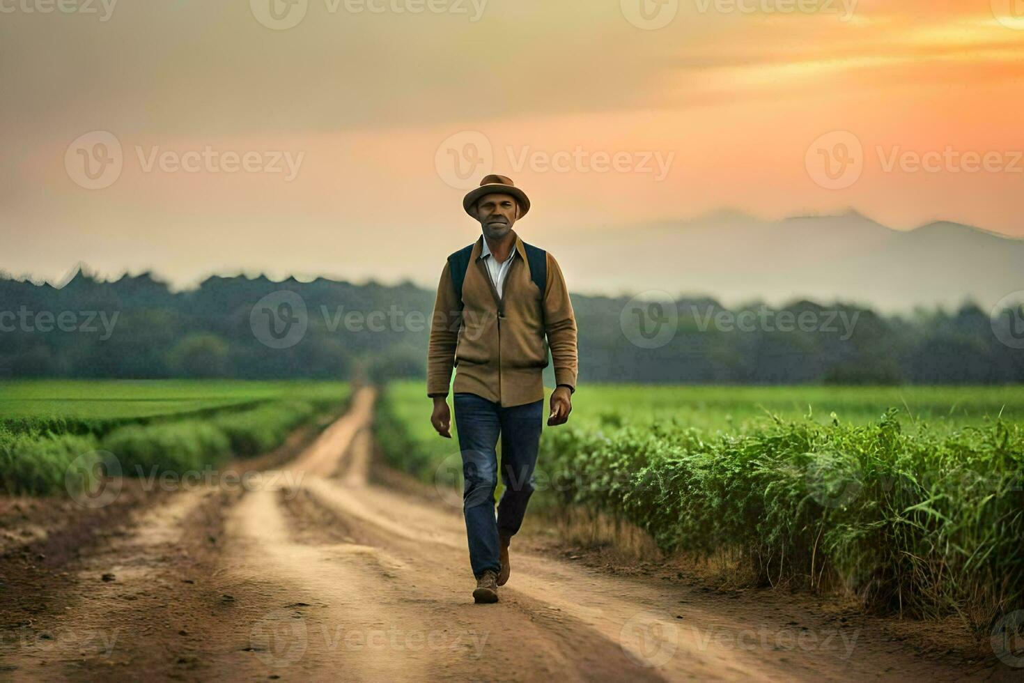een Mens wandelen Aan een aarde weg in de midden- van een veld. ai-gegenereerd foto