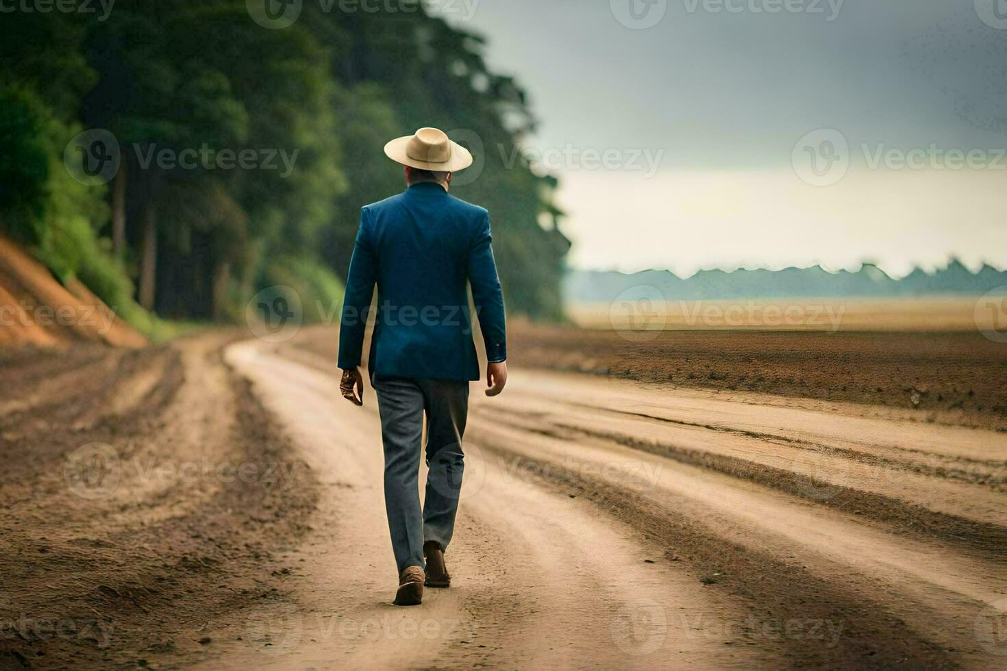 een Mens in een pak en hoed wandelingen naar beneden een aarde weg. ai-gegenereerd foto