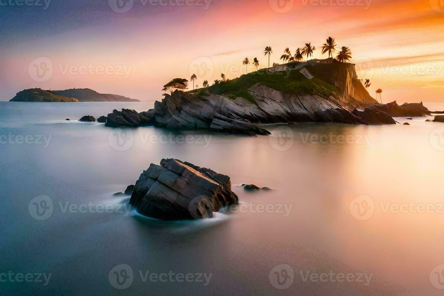 een mooi zonsondergang over- de oceaan met rotsen en bomen. ai-gegenereerd foto