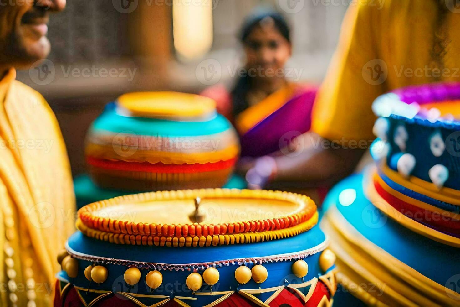 een Mens in een kleurrijk sari is Holding een kleurrijk pot. ai-gegenereerd foto