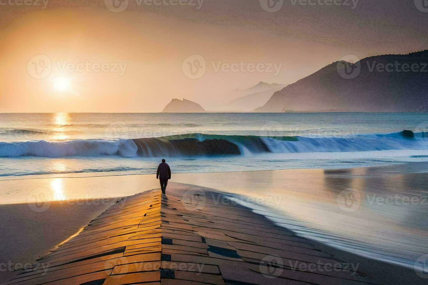 een persoon wandelen langs de strand Bij zonsondergang. ai-gegenereerd foto