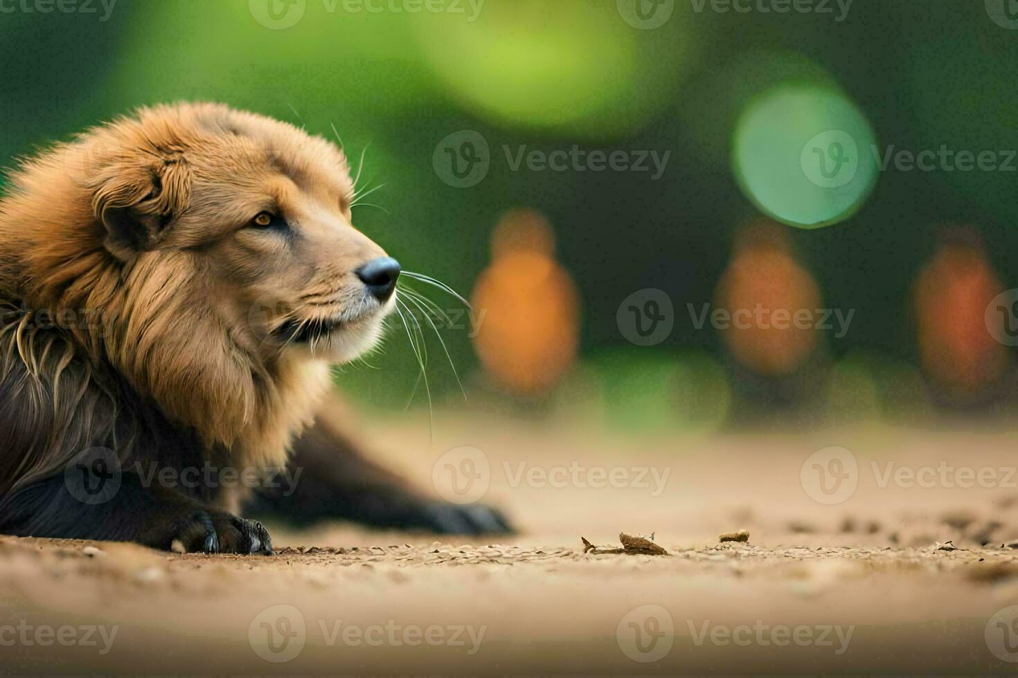 een leeuw is zittend Aan de grond in voorkant van een wazig achtergrond. ai-gegenereerd foto