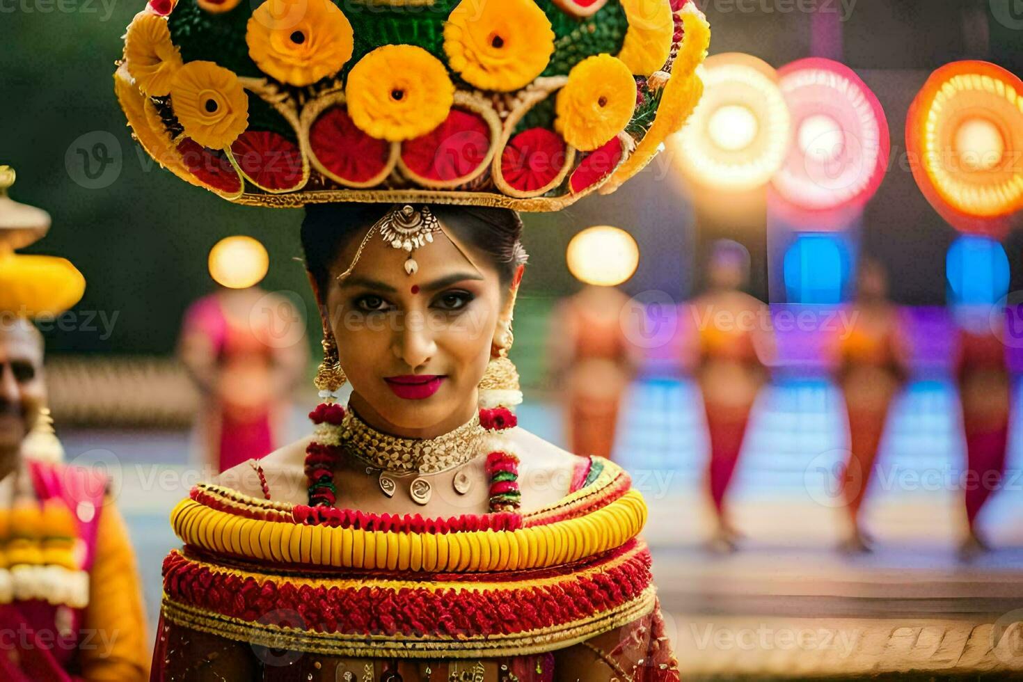 een vrouw in traditioneel Indisch kleding met een groot bloem hoofddeksel. ai-gegenereerd foto