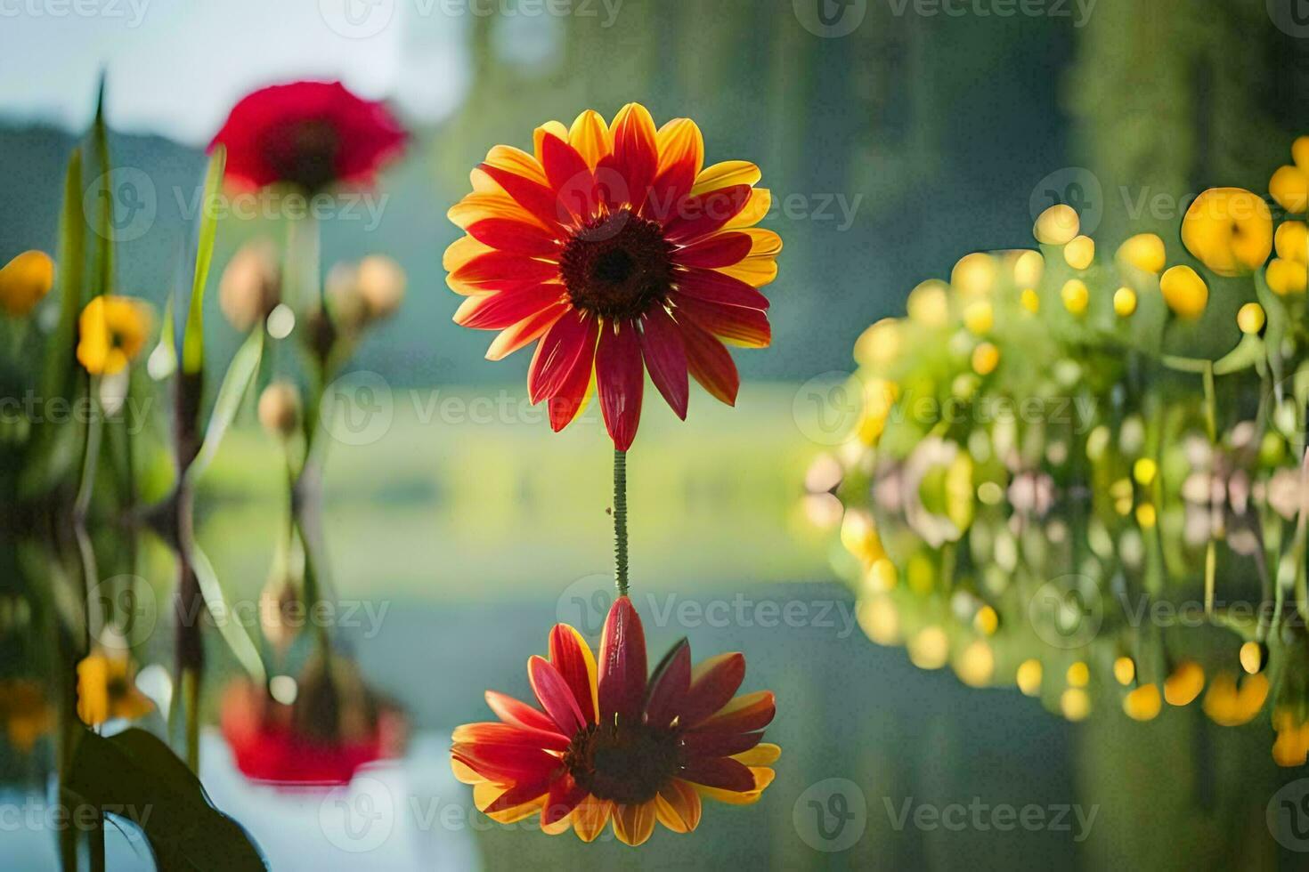 een rood bloem is weerspiegeld in de water. ai-gegenereerd foto