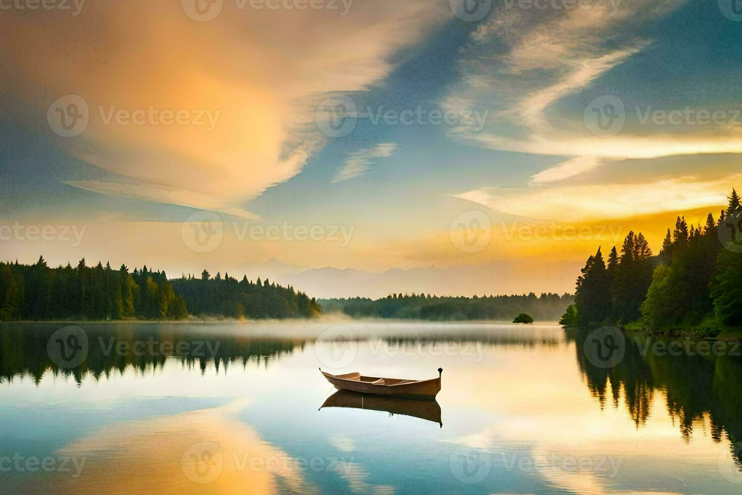 een boot is drijvend Aan een kalmte meer Bij zonsondergang. ai-gegenereerd foto
