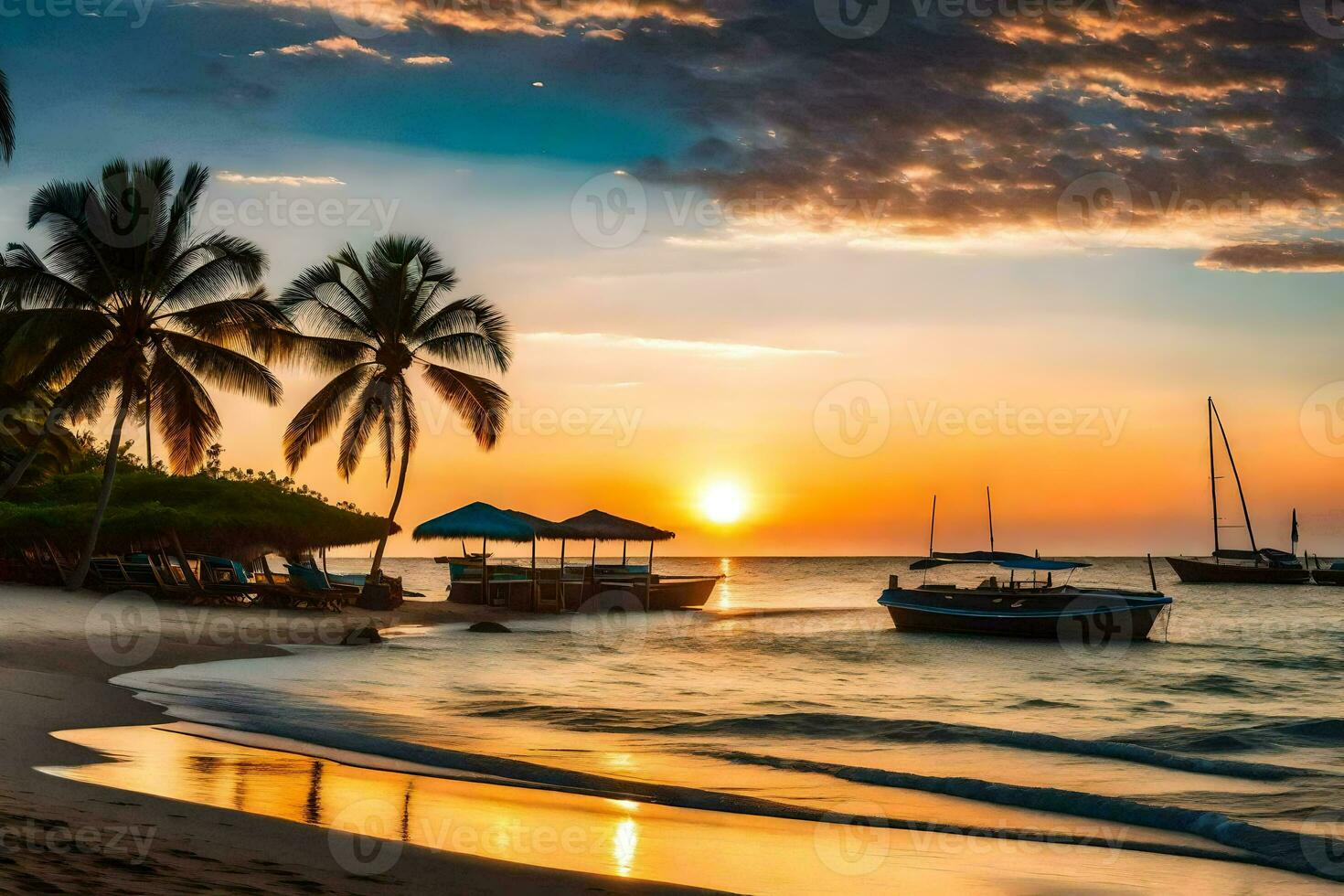 een mooi zonsondergang Aan de strand met boten en palm bomen. ai-gegenereerd foto