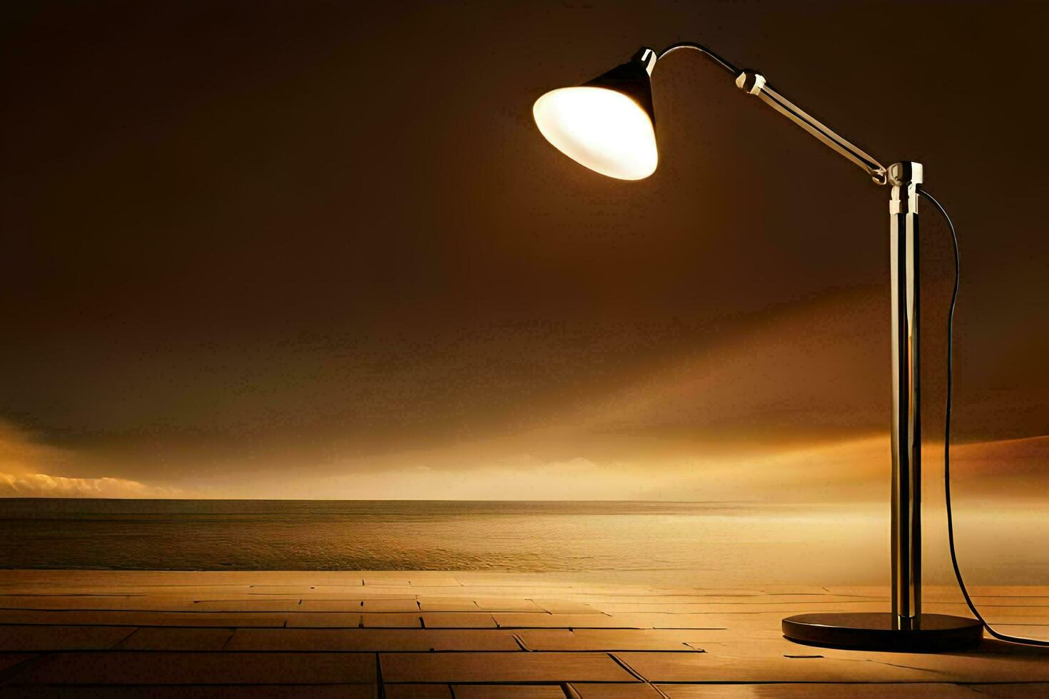 een lamp Aan een houten verdieping in de buurt de oceaan. ai-gegenereerd foto