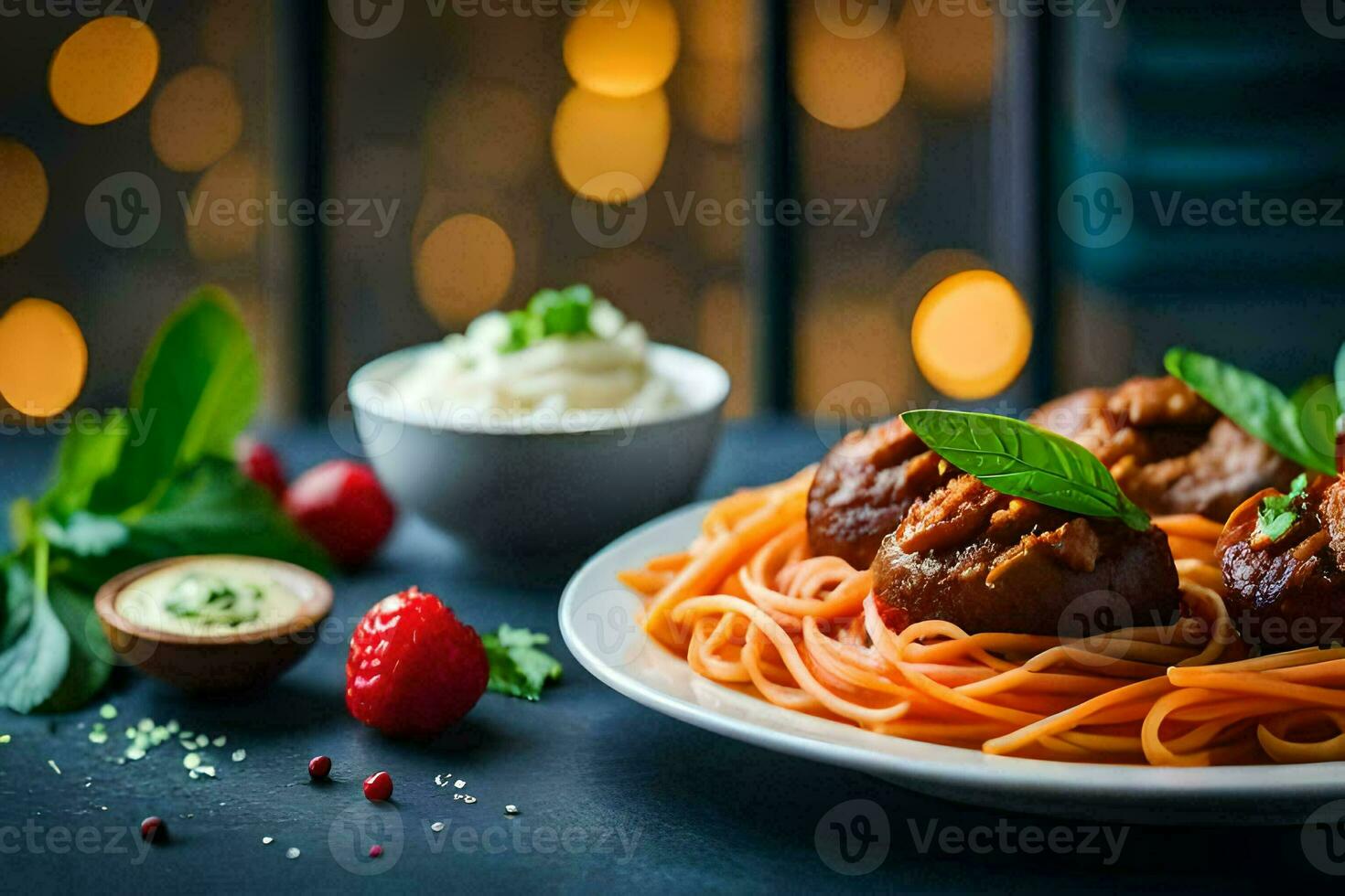 spaghetti met gehaktballen en saus Aan een bord. ai-gegenereerd foto