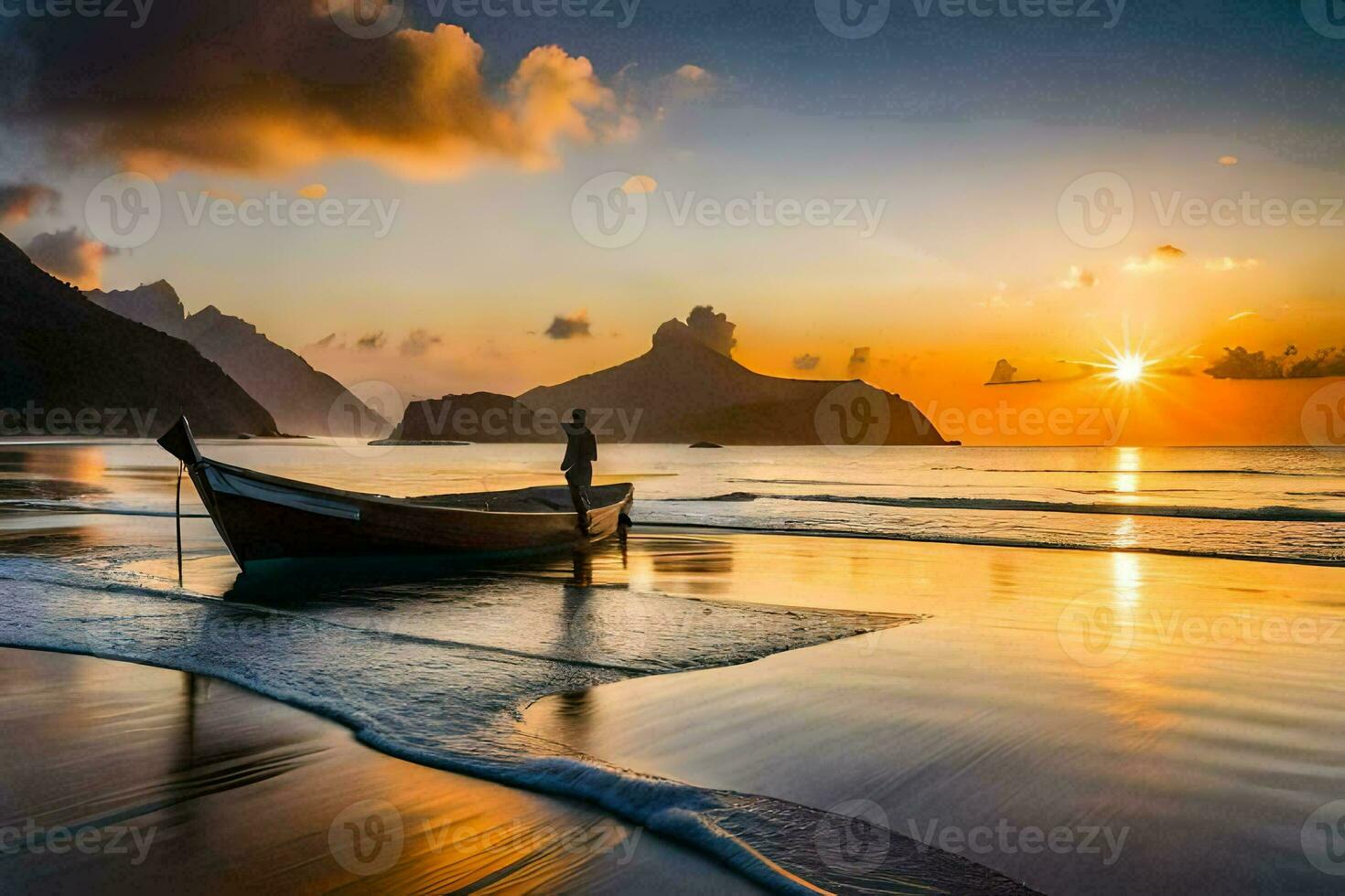 de boot Aan de strand Bij zonsondergang. ai-gegenereerd foto