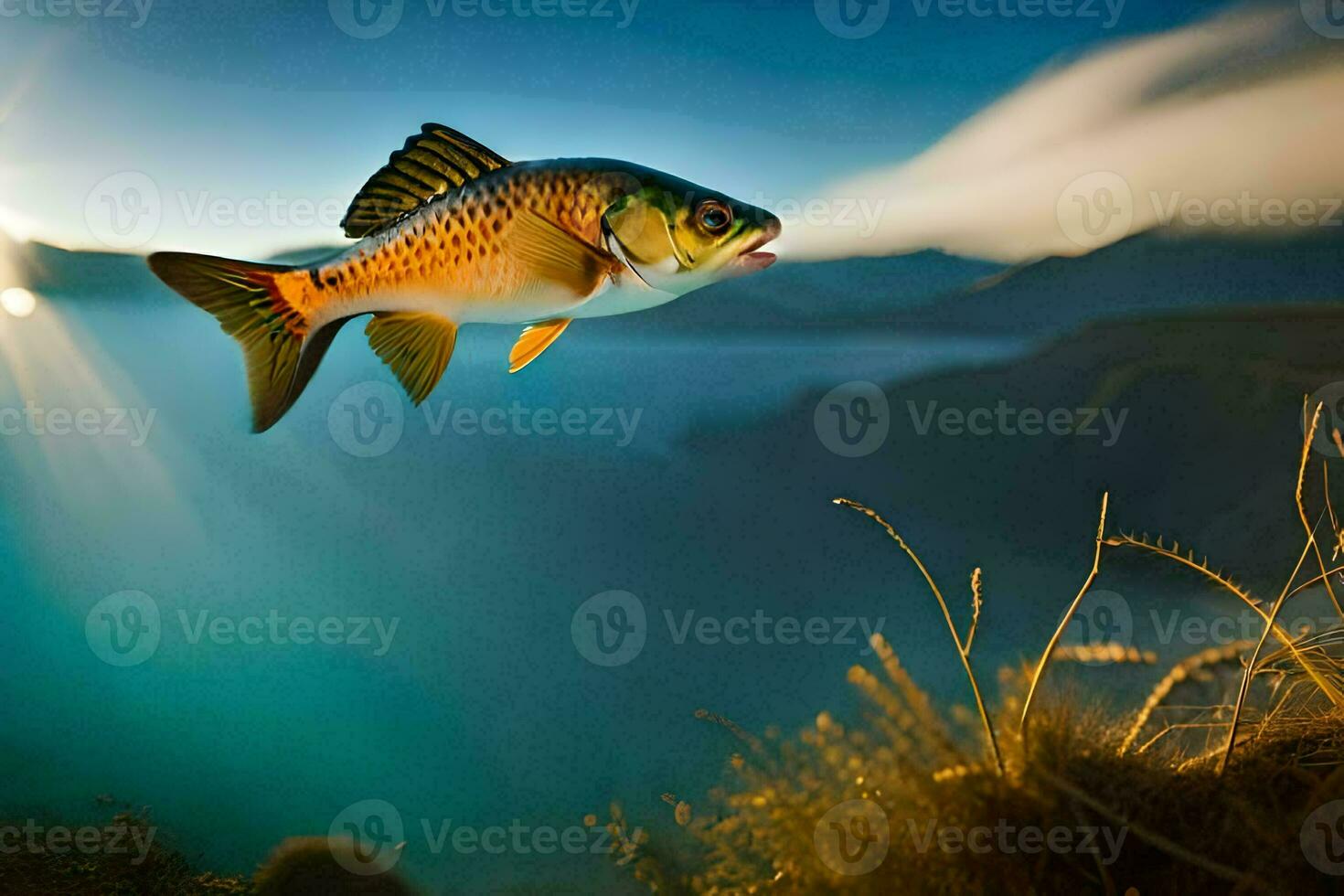 een vis vliegend over- de oceaan met de zon schijnt. ai-gegenereerd foto