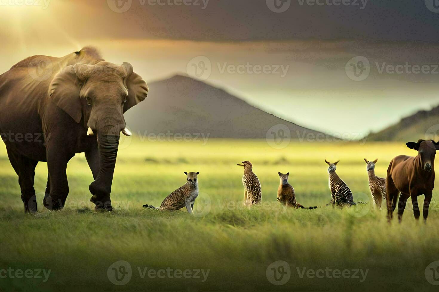 olifant, katten, en andere dieren in de wild. ai-gegenereerd foto