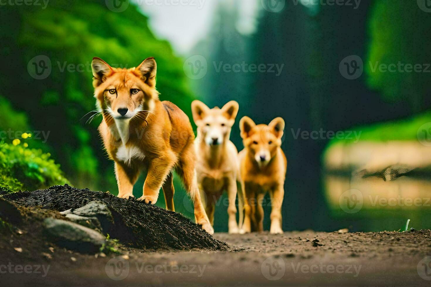 drie honden wandelen langs een aarde weg. ai-gegenereerd foto