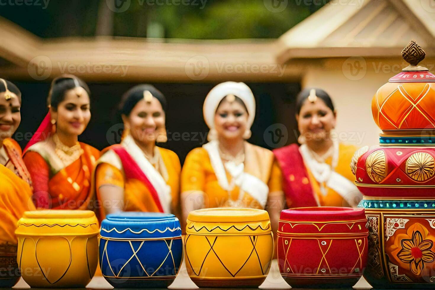een groep van Dames in kleurrijk sari's staand De volgende naar kleurrijk potten. ai-gegenereerd foto