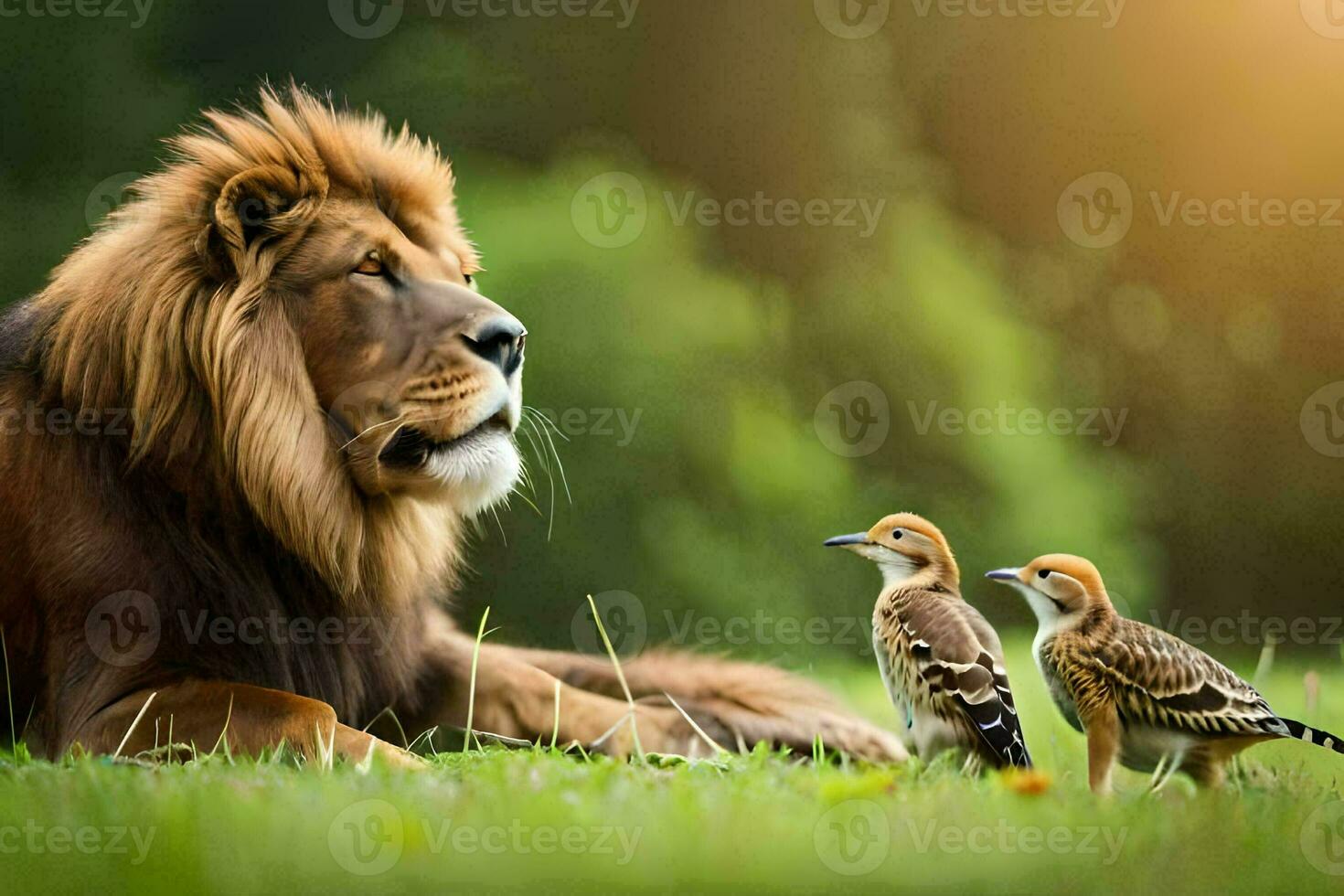 een leeuw en twee vogelstand in de gras. ai-gegenereerd foto