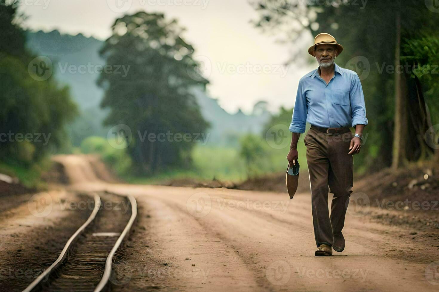 een Mens wandelen naar beneden een aarde weg met een hoed en een koffer. ai-gegenereerd foto