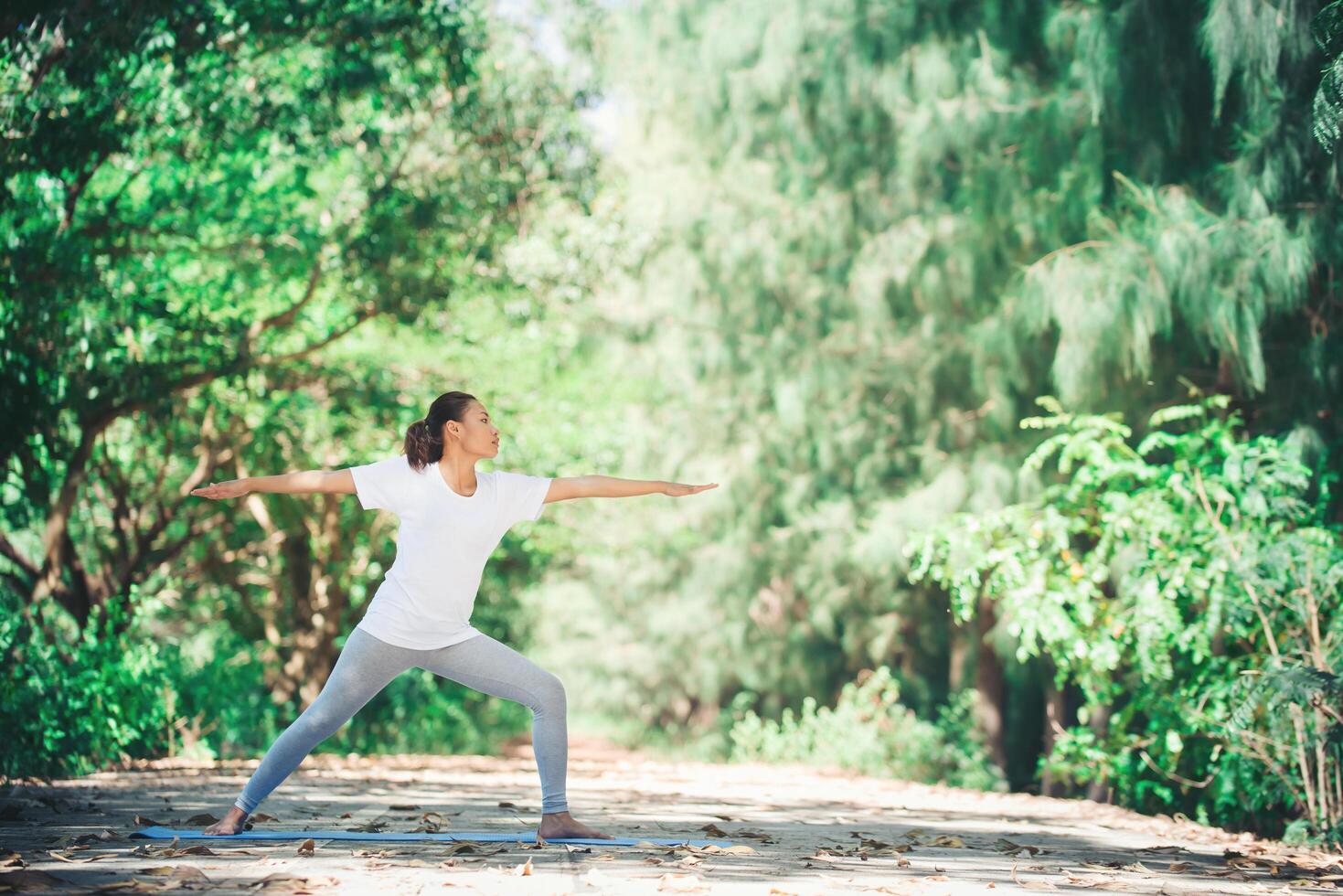 jonge aziatische vrouw die 's ochtends yoga doet in het park. gezond foto