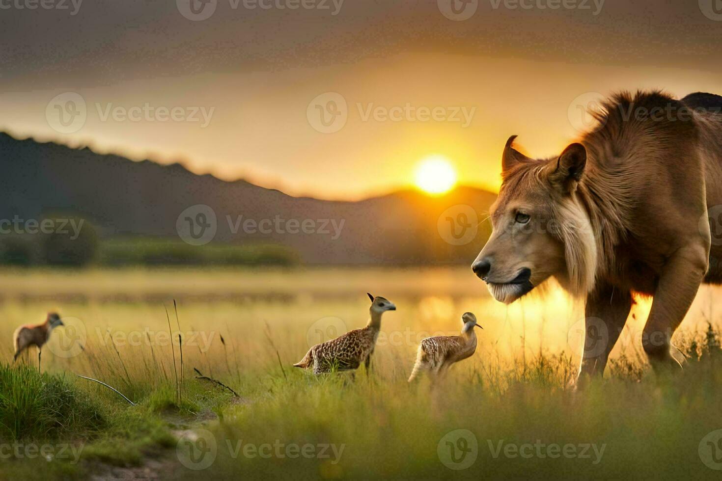 een leeuw en twee hert zijn wandelen in de gras Bij zonsondergang. ai-gegenereerd foto