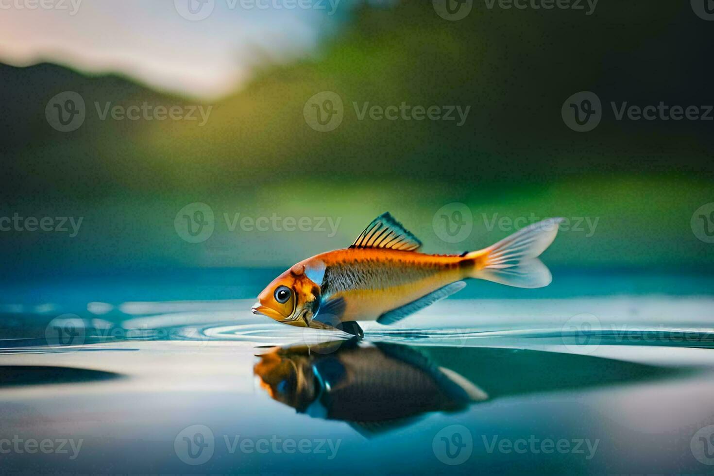 een vis is staand Aan de water met haar reflectie. ai-gegenereerd foto