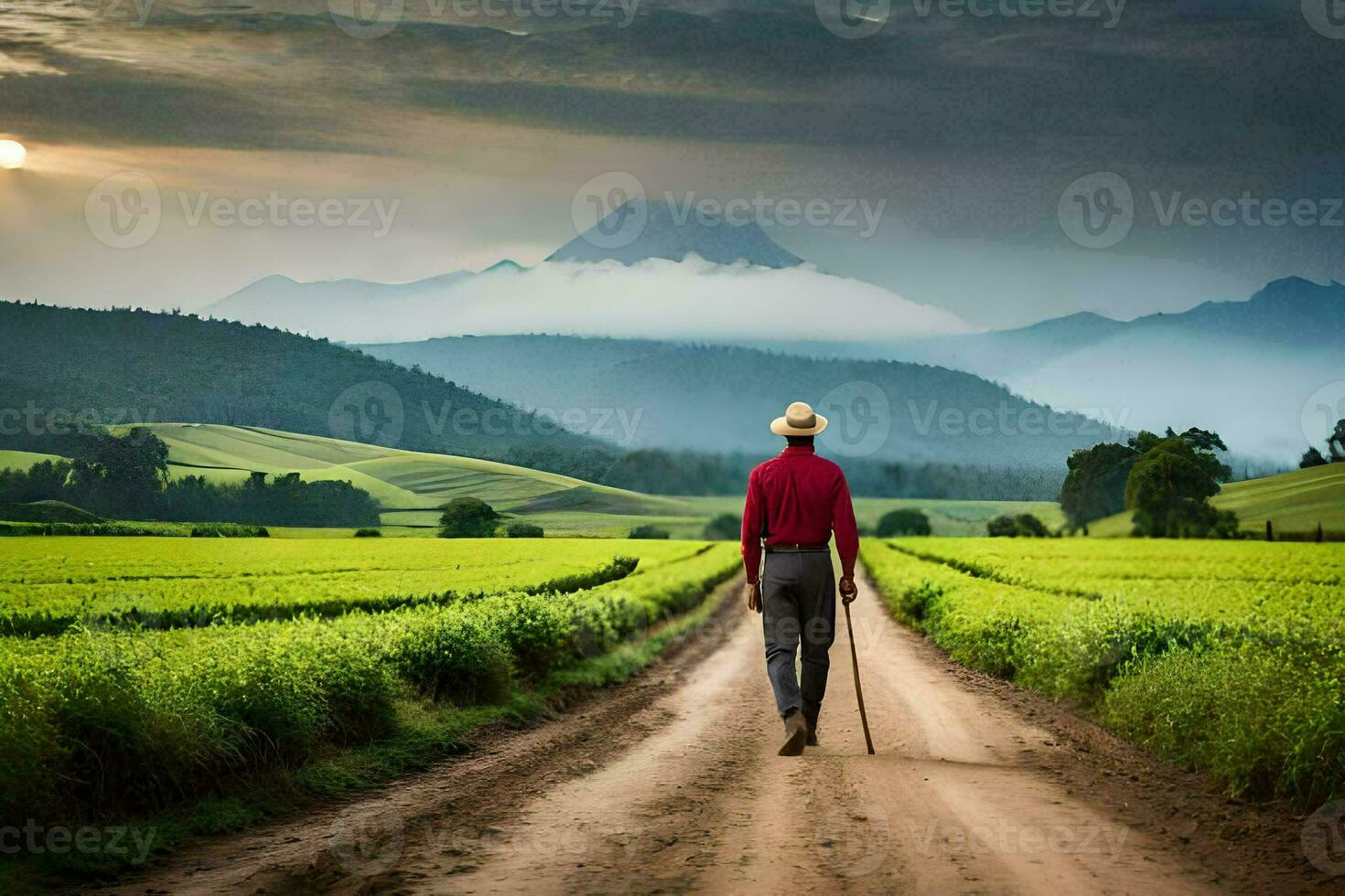 een Mens wandelen naar beneden een aarde weg in een veld. ai-gegenereerd foto