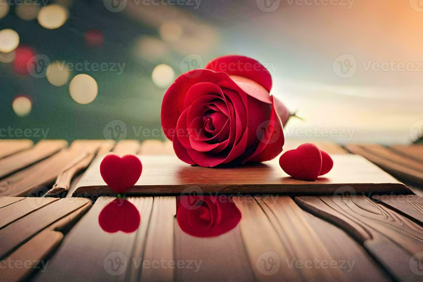 een rood roos Aan een houten tafel met harten. ai-gegenereerd foto