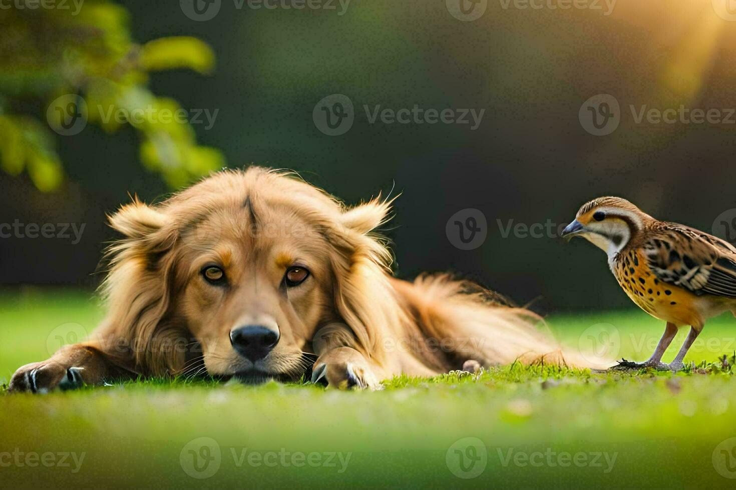 een leeuw en een vogel in de veld. ai-gegenereerd foto