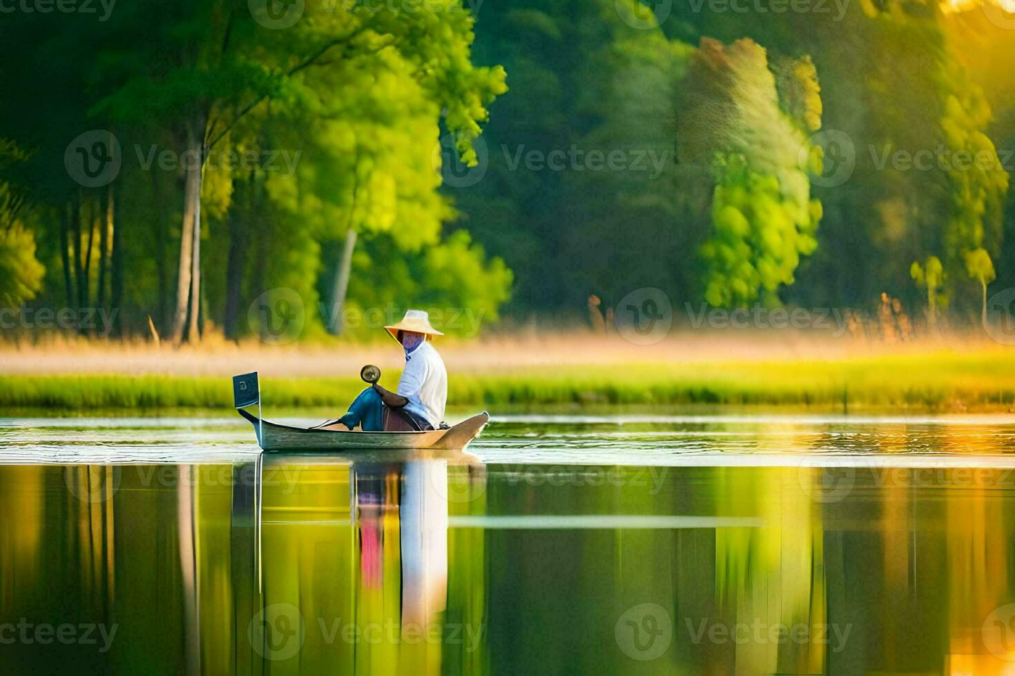 een Mens in een boot Aan een meer met bomen in de achtergrond. ai-gegenereerd foto