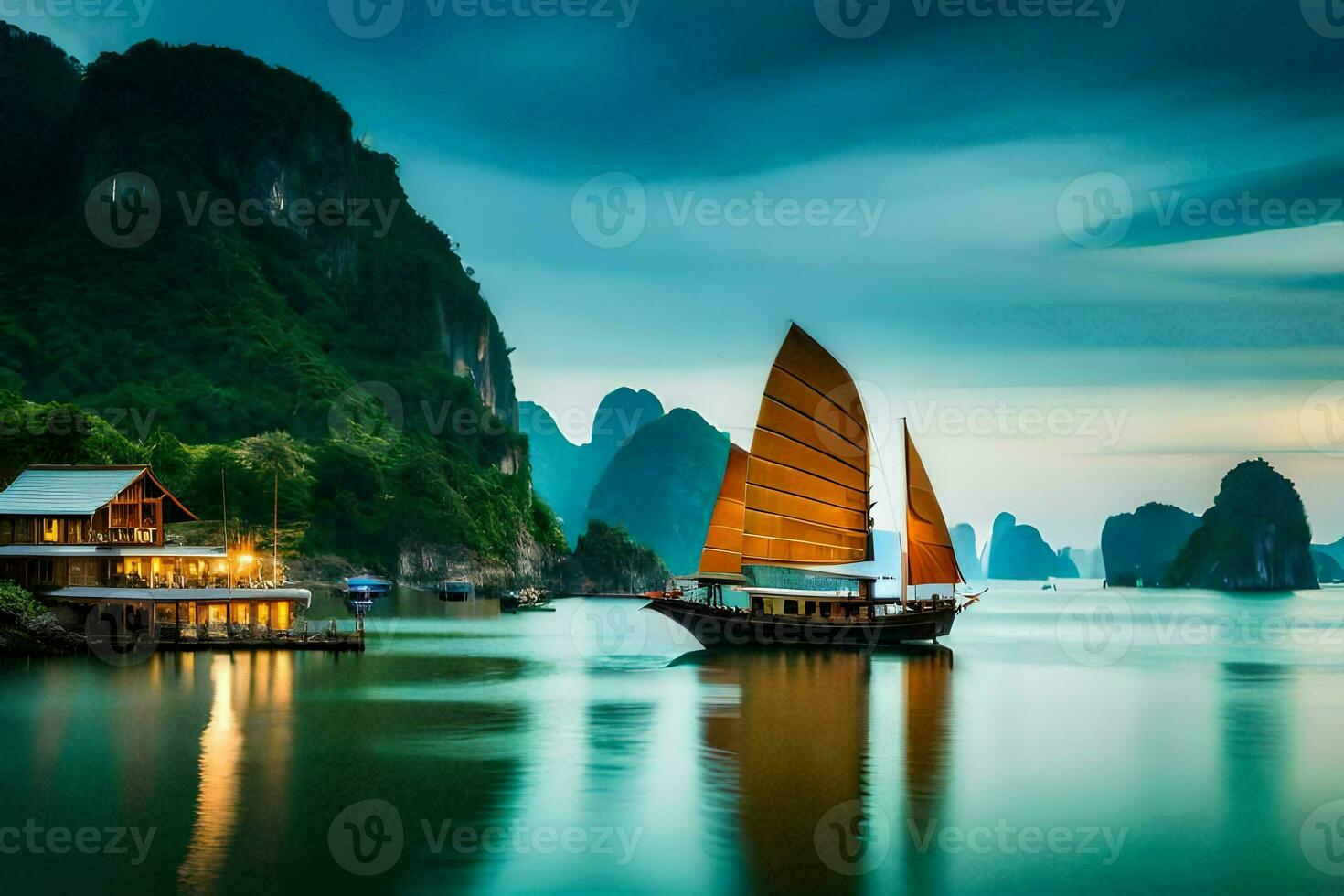 een boot in de water met bergen in de achtergrond. ai-gegenereerd foto