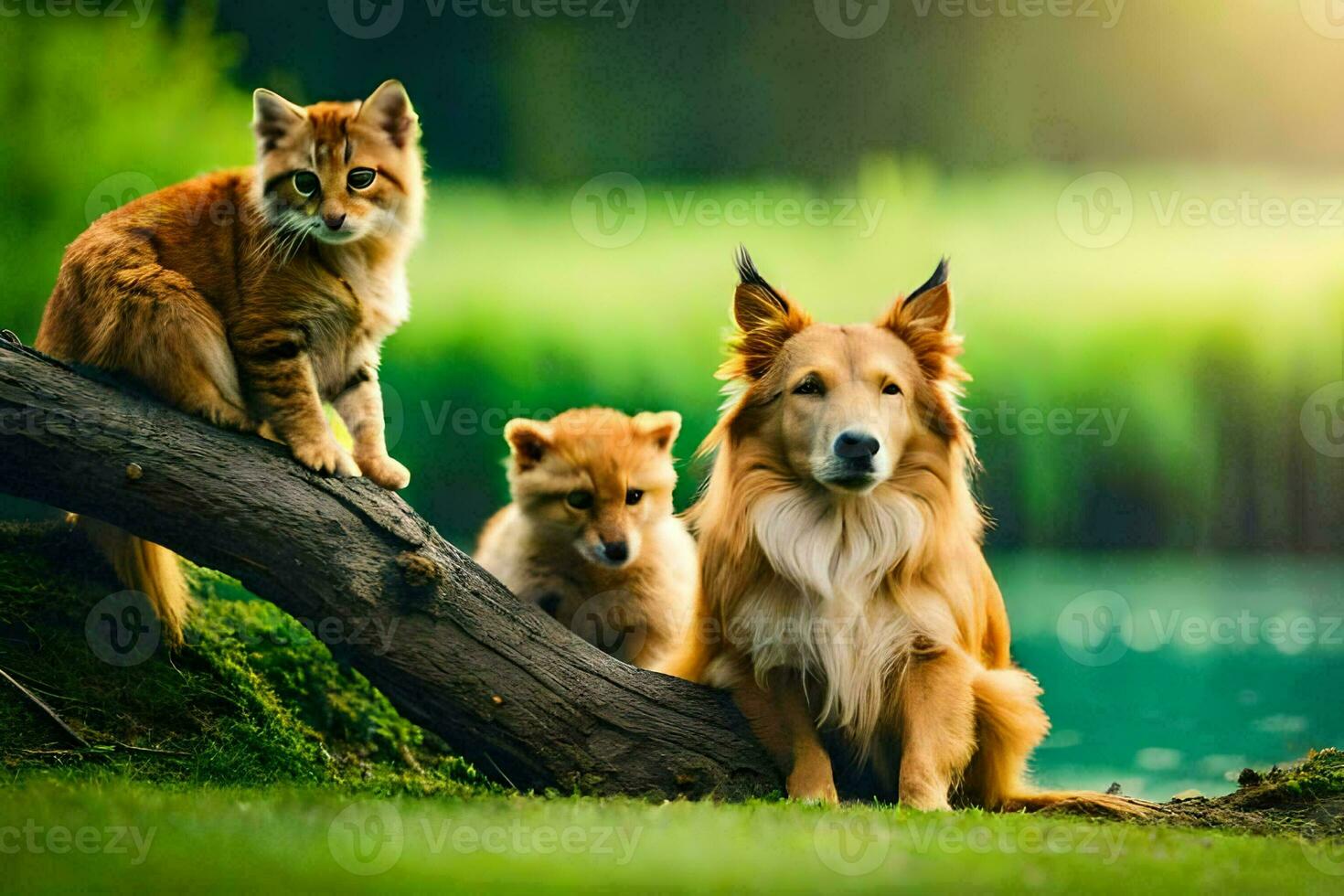 een hond en twee katten zittend Aan een logboek. ai-gegenereerd foto