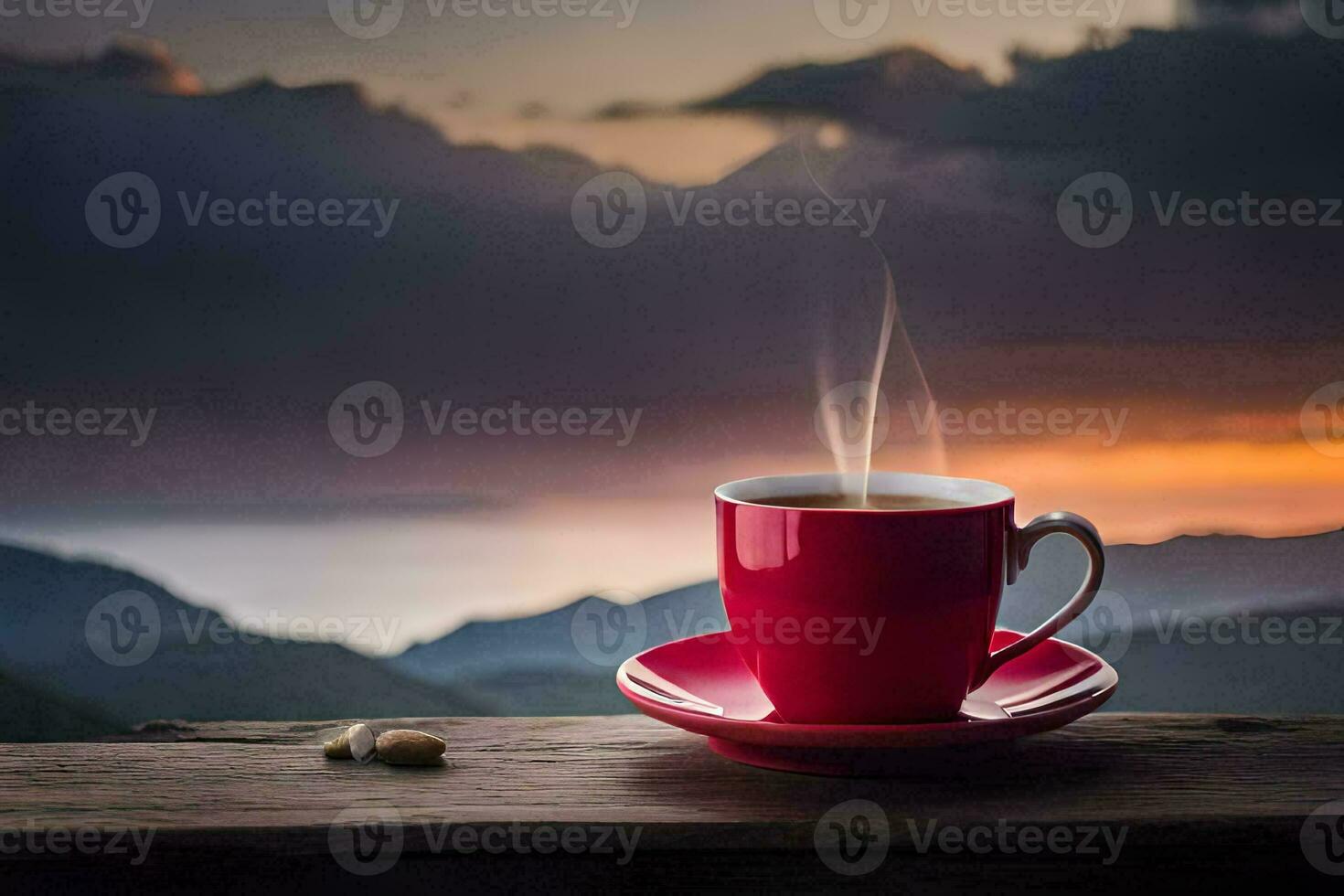 een kop van koffie Aan een houten tafel met een visie van de bergen. ai-gegenereerd foto