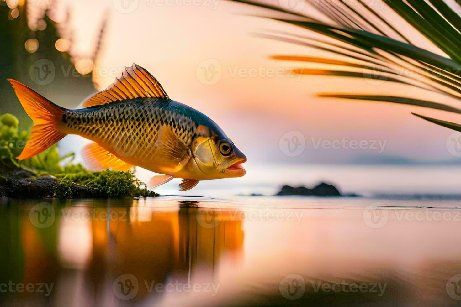 een vis is staand Aan de kust van een meer Bij zonsondergang. ai-gegenereerd foto