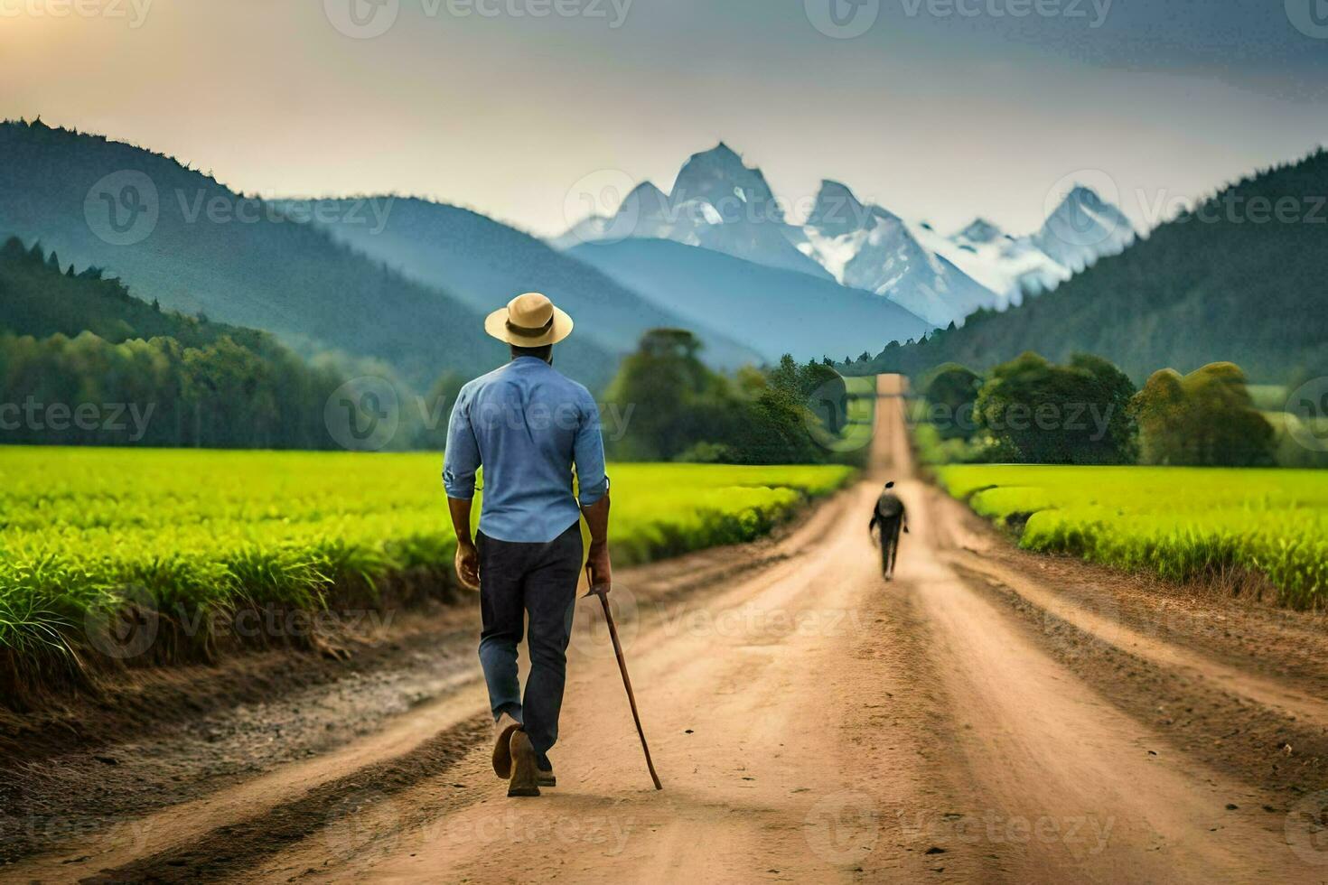 een Mens wandelen naar beneden een aarde weg met een riet. ai-gegenereerd foto