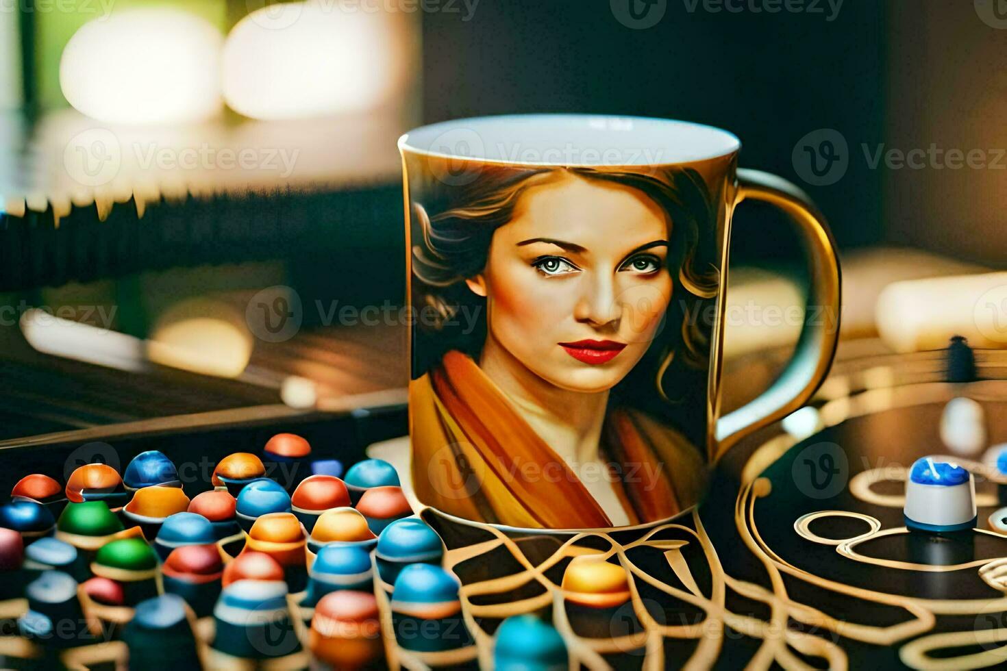 een koffie mok met een portret van een vrouw Aan het. ai-gegenereerd foto