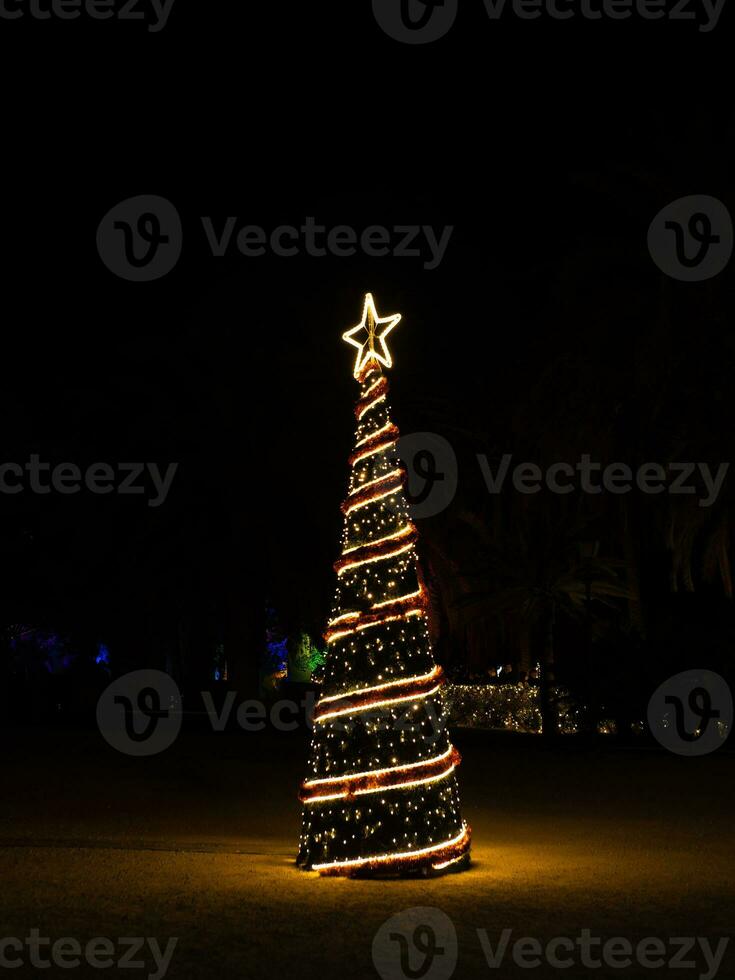 Kerstmis boom met licht slingers Bij nacht foto