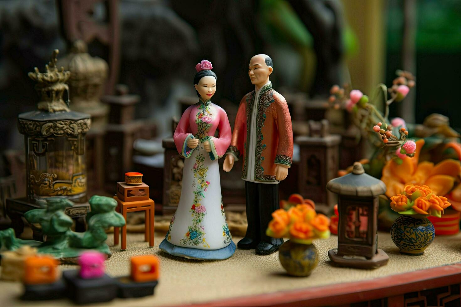 Chinese bruiloft in miniatuur stijl. man en vrouw in traditioneel Chinese kleren. concept van liefde, traditie, familie en verhoudingen. Aziatisch Mens en vrouw gemaakt met generatief ai technologie foto