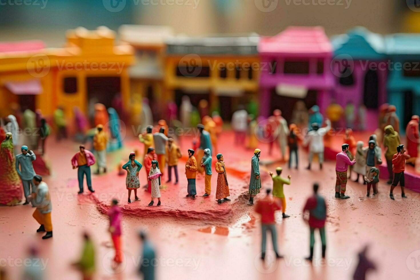 Indisch vakantie holi diorama. miniatuur gekleurde mensen met verven vieren de Hindoe begin van de lente. helder kleurrijk concept gemaakt met generatief ai technologie foto