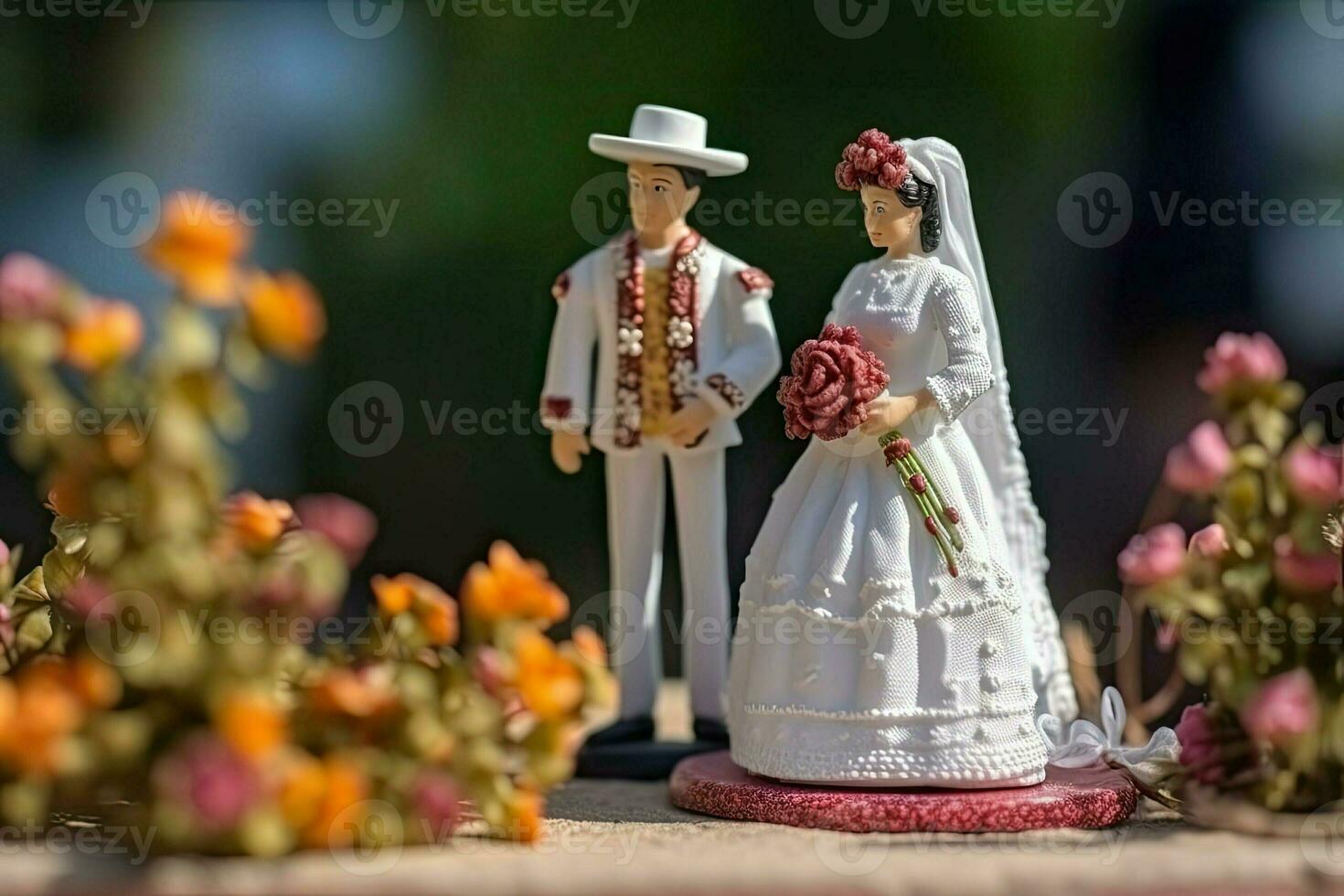 Spaans of Mexicaans bruiloft in miniatuur stijl. twee geliefden in mooi bruiloft jurken. weinig speelgoed- man en vrouw. concept van liefde, romance gemaakt met generatief ai technologie foto