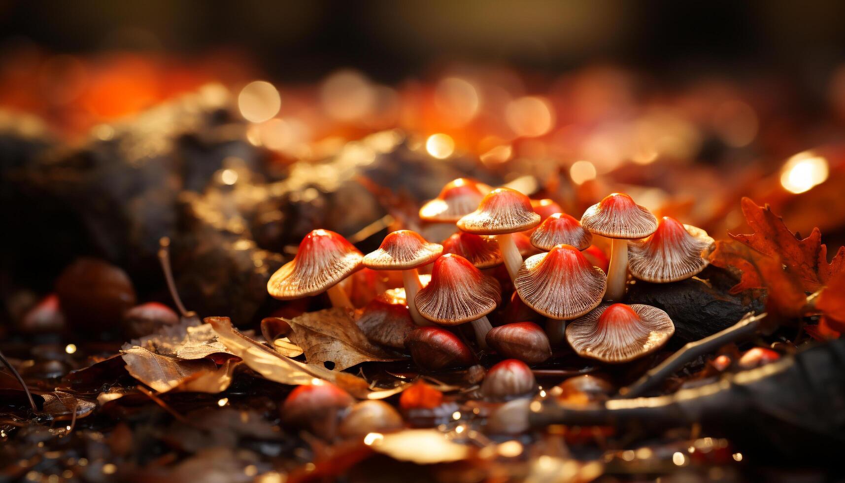 vlam gekleurde paddestoel groeit in nat Woud, een micro organisme schoonheid gegenereerd door ai foto