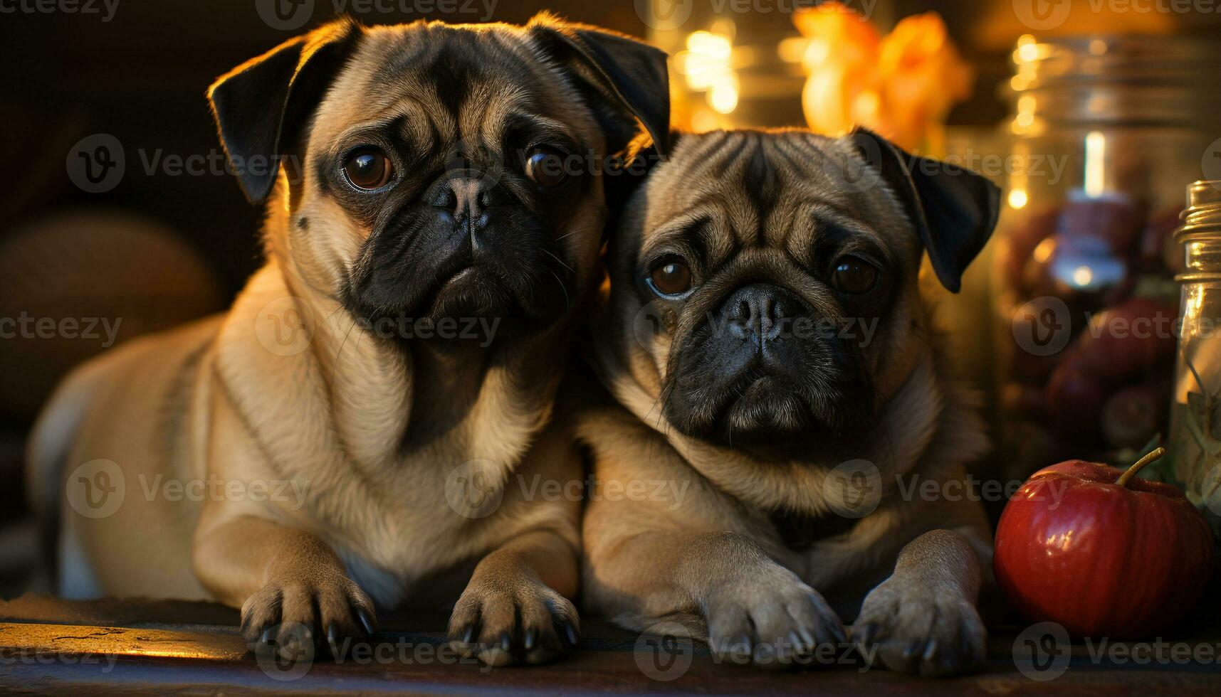 klein, schattig puppy zittend Aan een tafel, op zoek Bij camera gegenereerd door ai foto